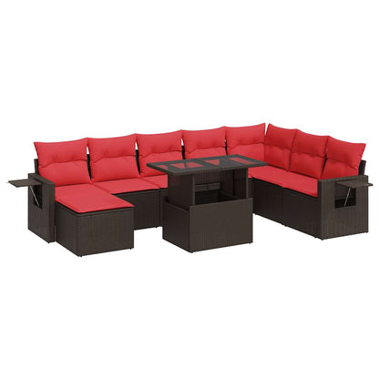 vidaXL 9-tlg. Garten-Sofagarnitur mit Kissen Braun Poly Rattan Akazie