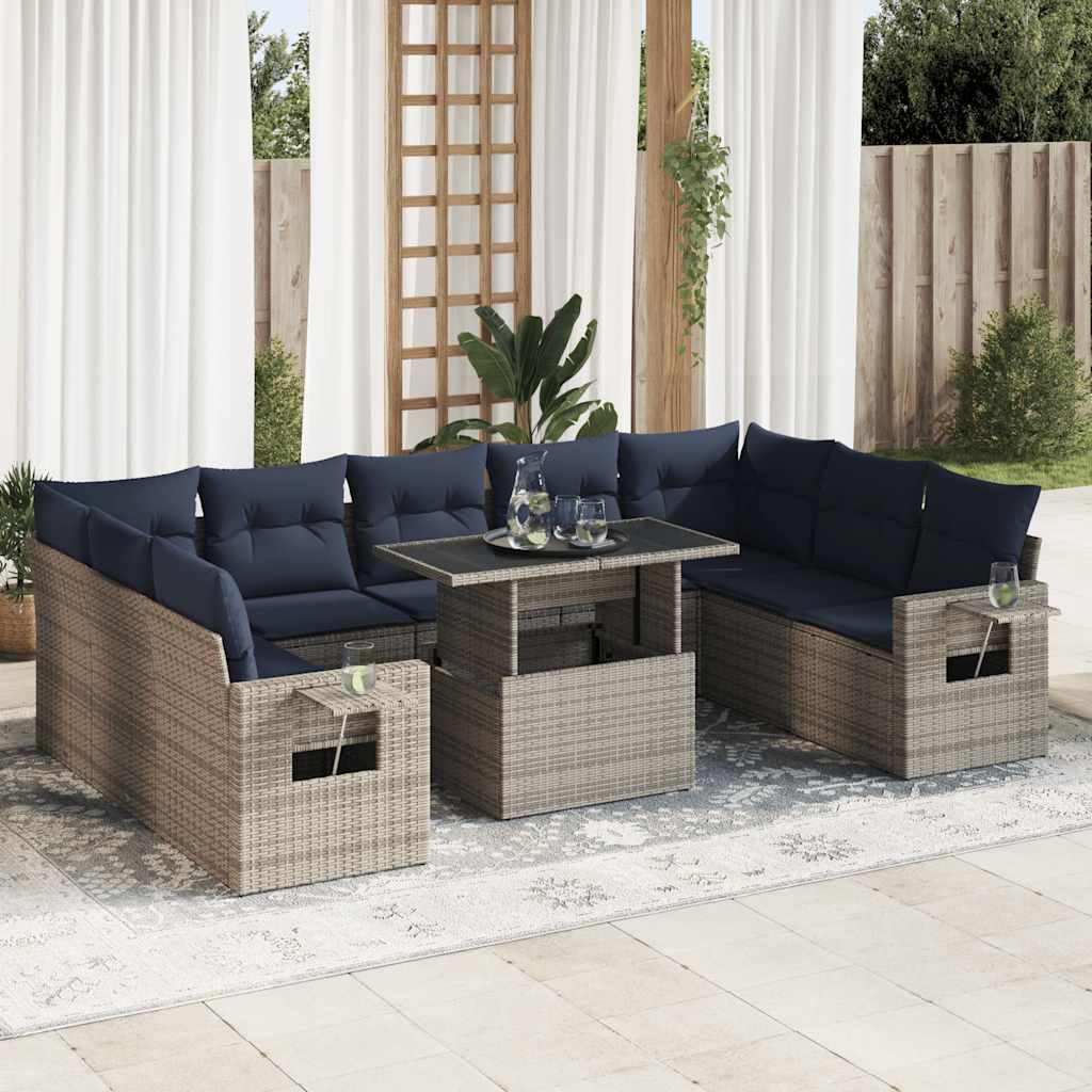 vidaXL Salon de jardin 10 pcs avec coussins gris résine tressée et acacia