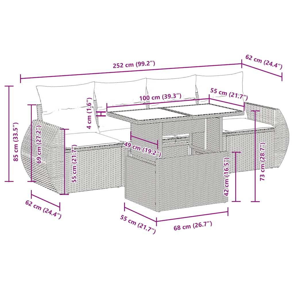 vidaXL 5tlg. Garten-Sofagarnitur mit Kissen Schwarz Poly Rattan Akazie