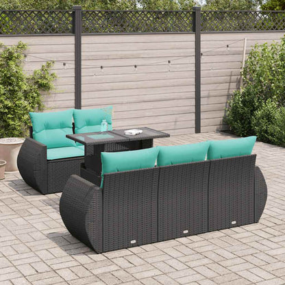 6-tlg. Garten-Sofagarnitur mit Kissen Schwarz Poly Rattan