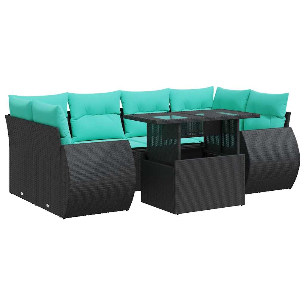 7-tlg. Garten-Sofagarnitur mit Kissen Schwarz Poly Rattan