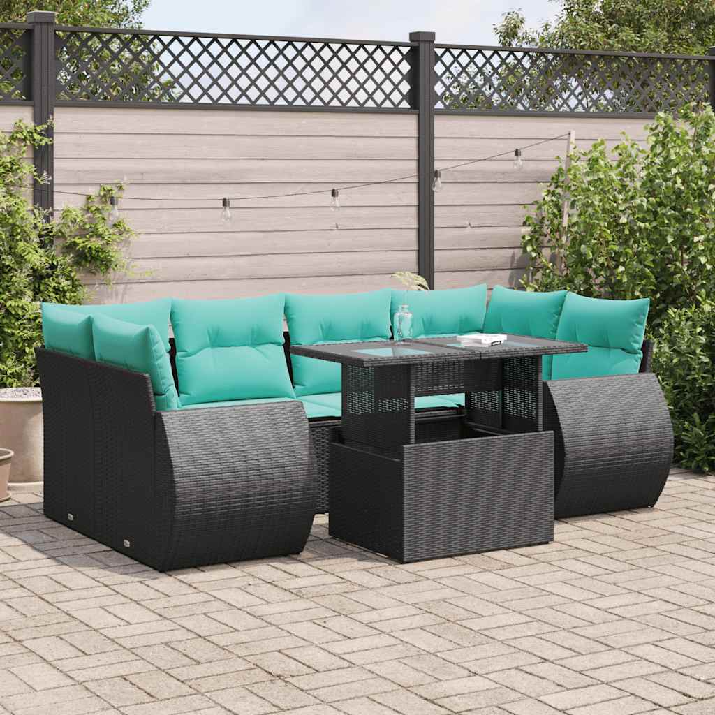 7-tlg. Garten-Sofagarnitur mit Kissen Schwarz Poly Rattan
