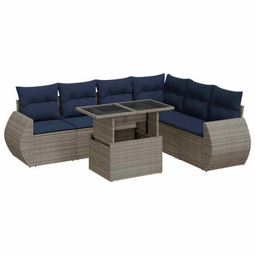 vidaXL 7-tlg. Garten-Sofagarnitur mit Kissen Grau Poly Rattan Akazie