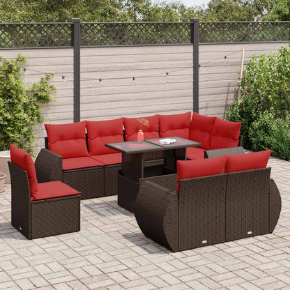9-tlg. Garten-Sofagarnitur mit Kissen Braun Poly Rattan Akazie