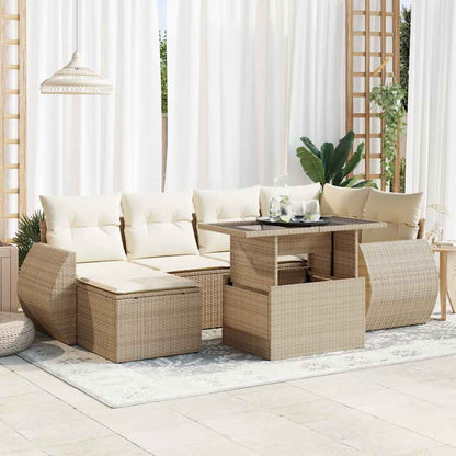 7-tlg. Garten-Sofagarnitur mit Kissen Beige Poly Rattan