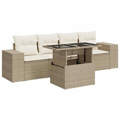 5-tlg. Garten-Sofagarnitur mit Kissen Beige Poly Rattan