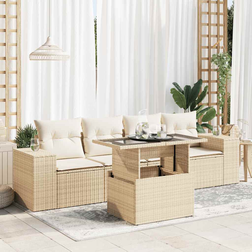 5-tlg. Garten-Sofagarnitur mit Kissen Beige Poly Rattan