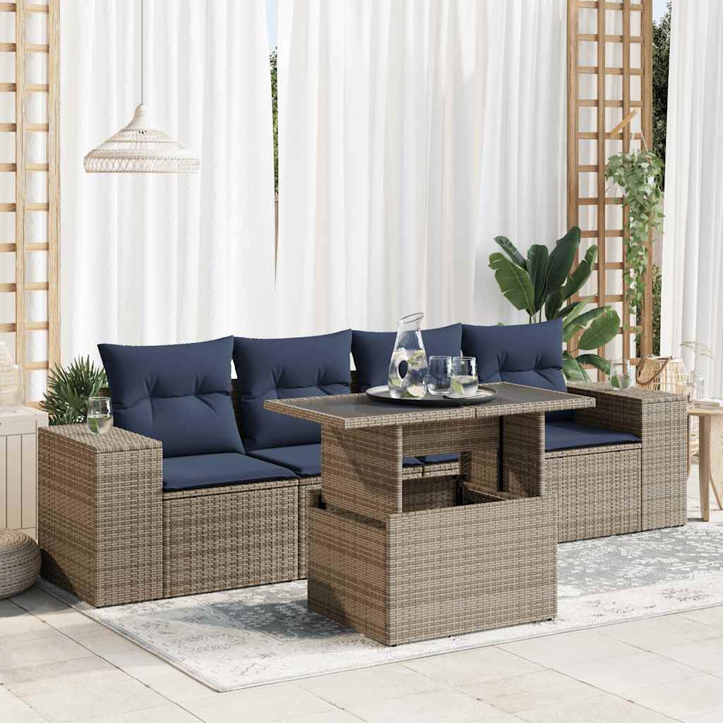 vidaXL 5-tlg. Garten-Sofagarnitur mit Kissen Grau Poly Rattan Akazie
