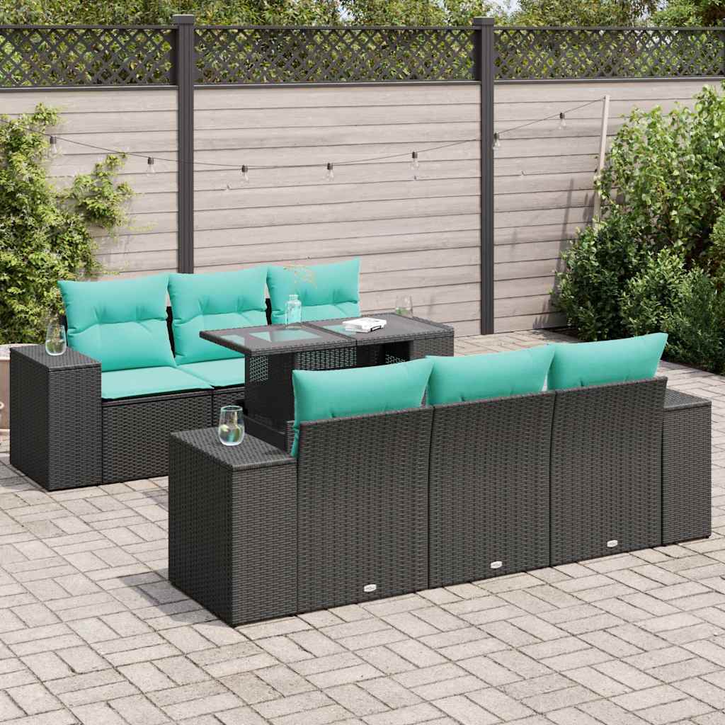 vidaXL 7-tlg. Garten-Sofagarnitur mit Kissen Schwarz Poly Rattan