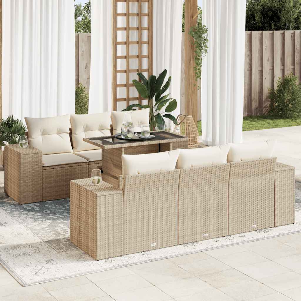 7-tlg. Garten-Sofagarnitur mit Kissen Beige Poly Rattan