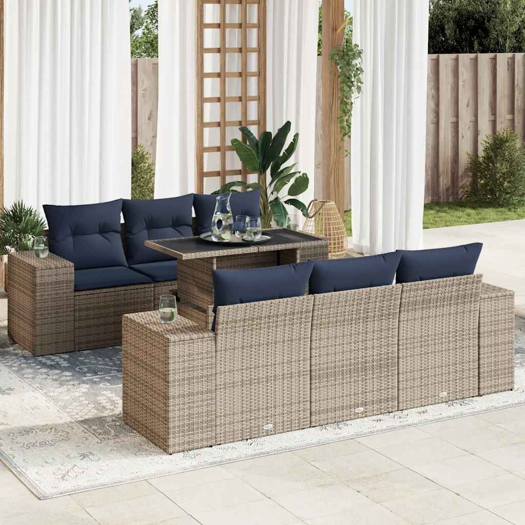 7-tlg. Garten-Sofagarnitur mit Kissen Grau Poly Rattan Akazie