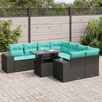 9-tlg. Garten-Sofagarnitur mit Kissen Schwarz Poly Rattan