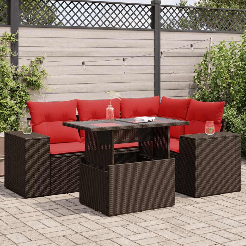 vidaXL Ensemble de canapés de jardin 5 pcs avec coussins marron résine tressée acacia