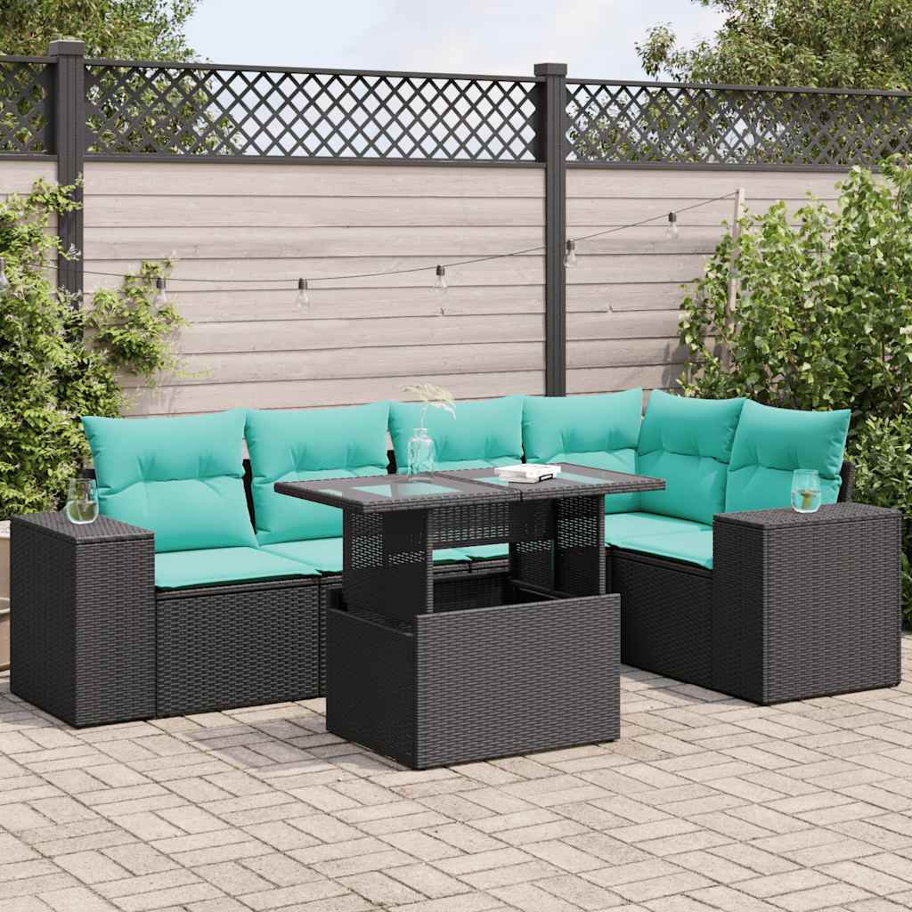 6tlg. Garten-Sofagarnitur mit Kissen Schwarz Poly Rattan Akazie