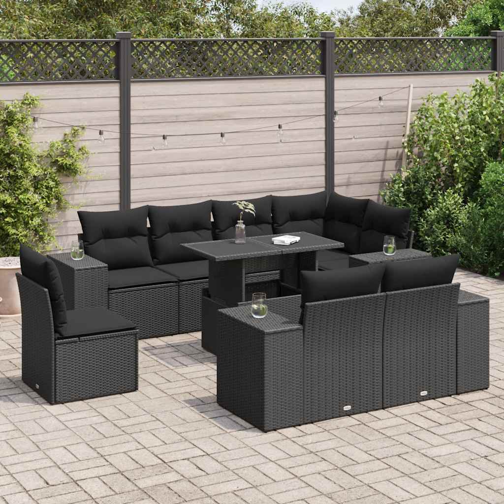 9-tlg. Garten-Sofagarnitur mit Kissen Schwarz Poly Rattan
