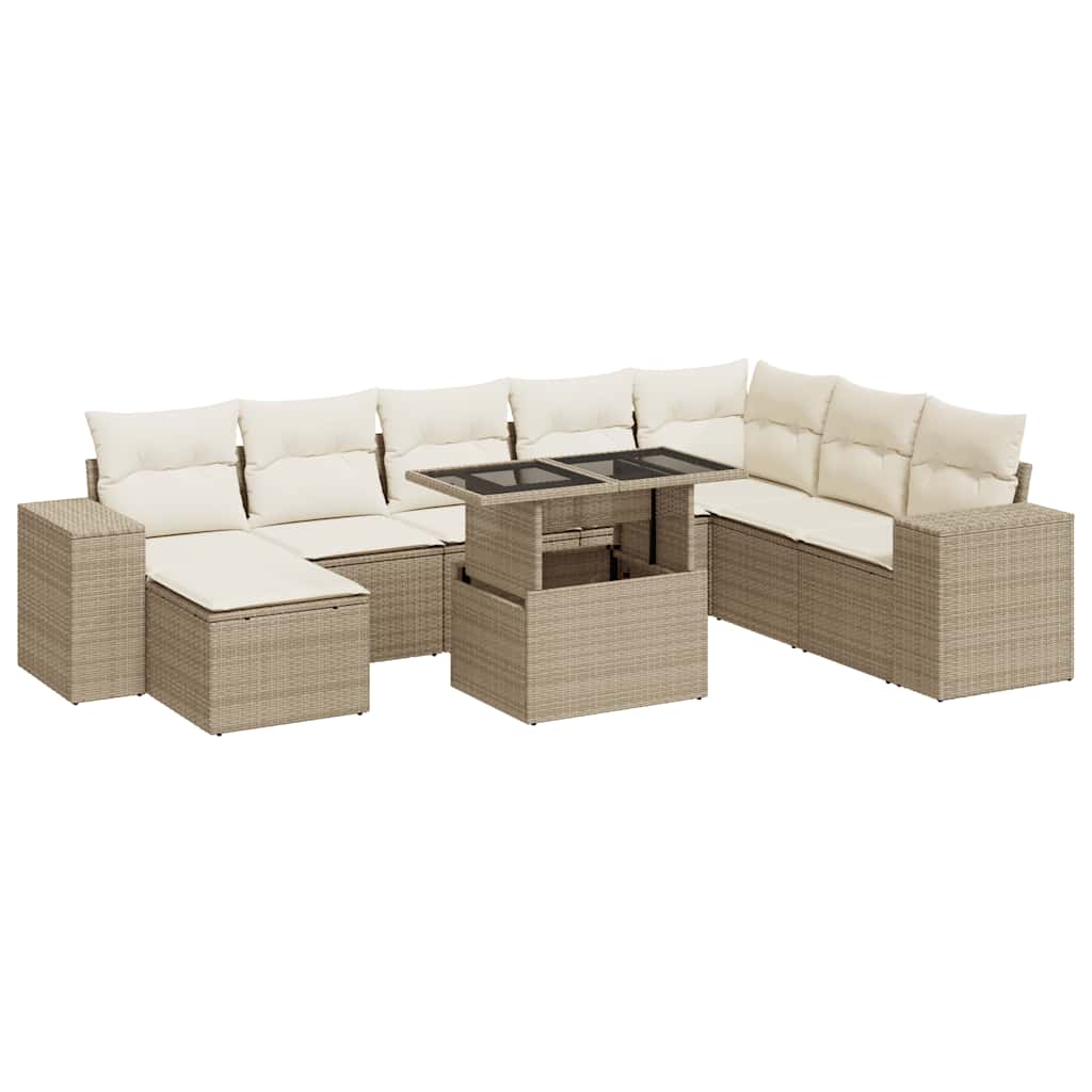 9-tlg. Garten-Sofagarnitur mit Kissen Beige Poly Rattan