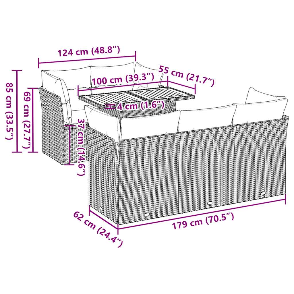 vidaXL 6-tlg. Garten-Sofagarnitur mit Kissen Schwarz Poly Rattan