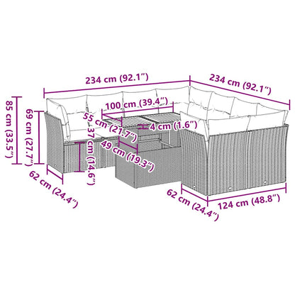 9-tlg. Garten-Sofagarnitur mit Kissen Schwarz Poly Rattan
