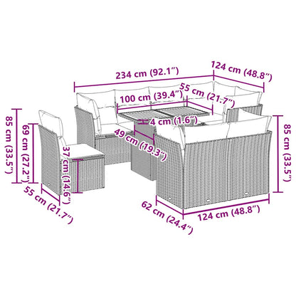 9-tlg. Garten-Sofagarnitur mit Kissen Beige Poly Rattan