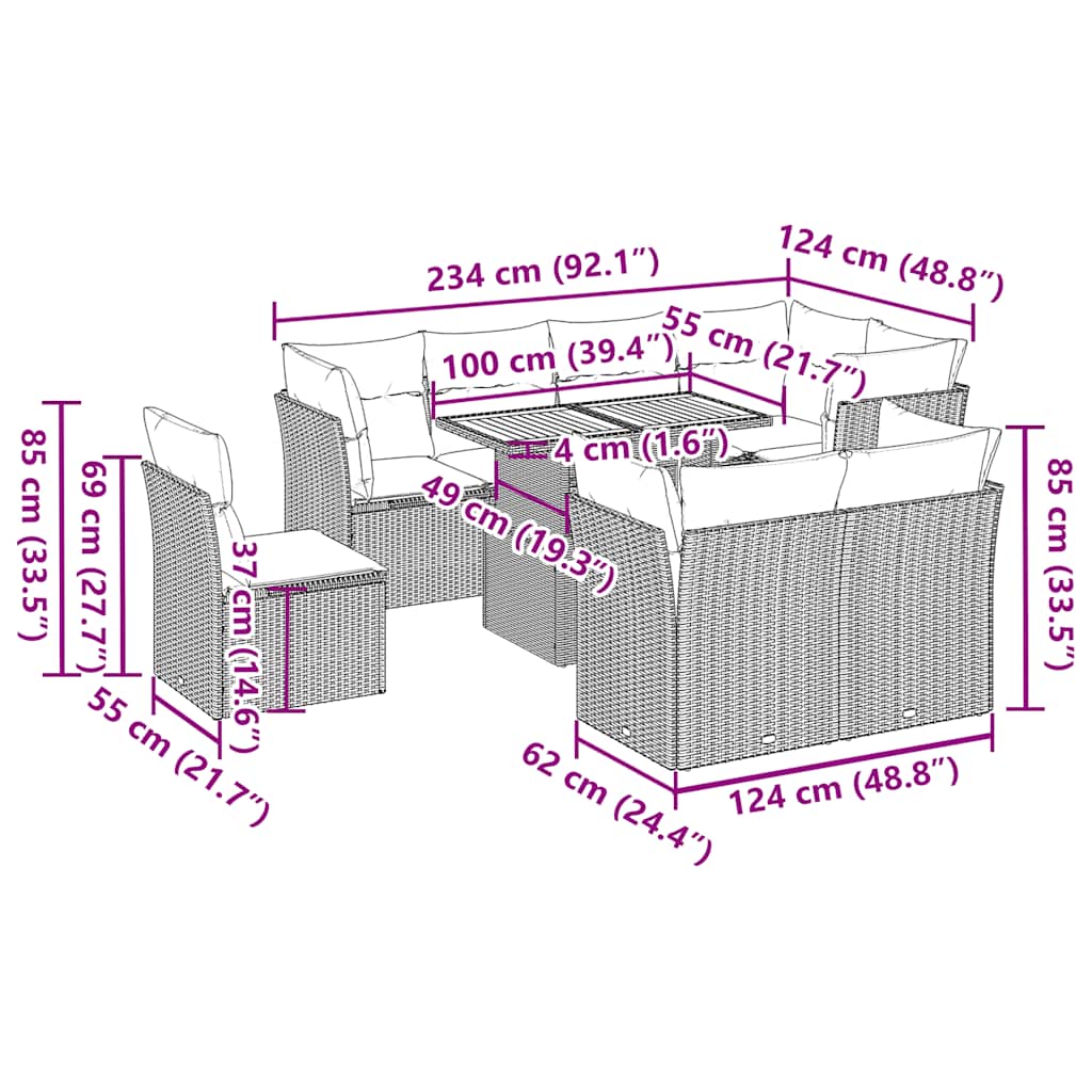 9-tlg. Garten-Sofagarnitur mit Kissen Grau Poly Rattan
