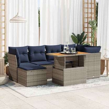 7-tlg. Garten-Sofagarnitur mit Kissen Grau Poly Rattan