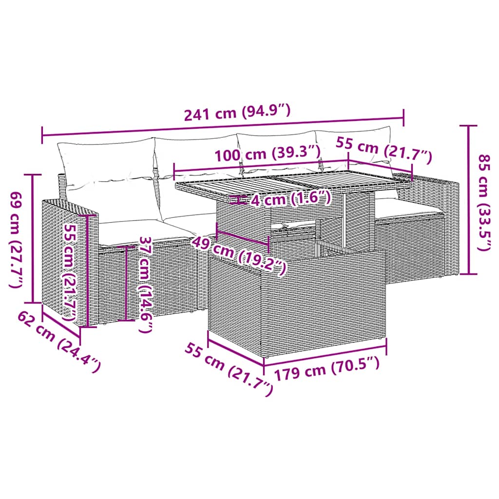 vidaXL 5-tlg. Garten-Sofagarnitur mit Kissen Schwarz Poly Rattan