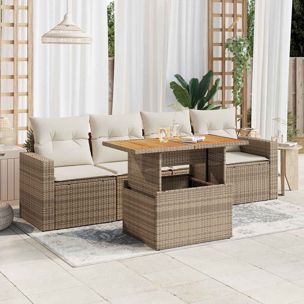 5-tlg. Garten-Sofagarnitur mit Kissen Beige Poly Rattan