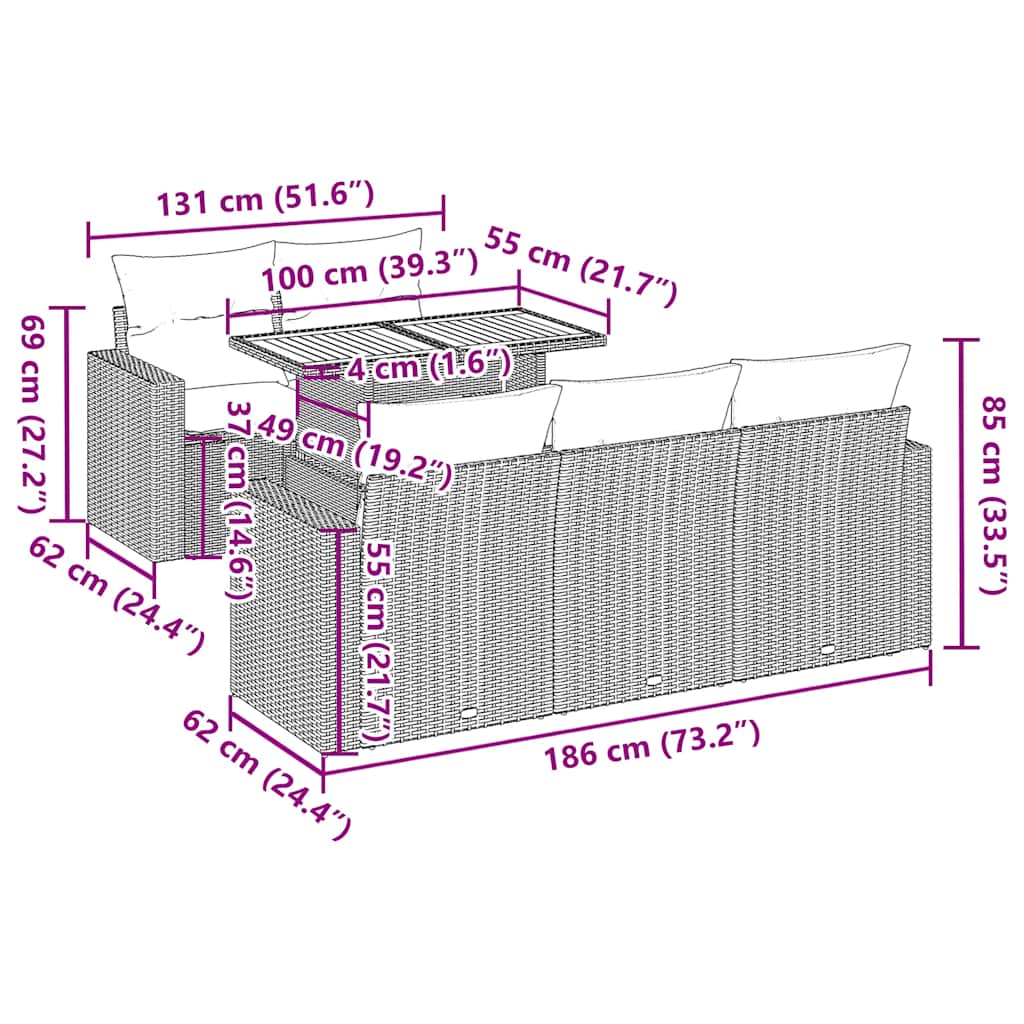 vidaXL 6-tlg. Garten-Sofagarnitur mit Kissen Schwarz Poly Rattan