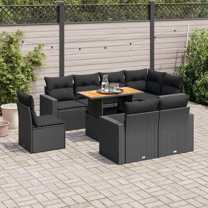 9-tlg. Garten-Sofagarnitur mit Kissen Schwarz Poly Rattan