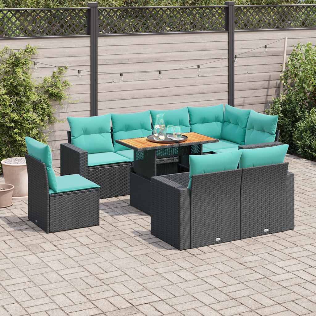 9-tlg. Garten-Sofagarnitur mit Kissen Schwarz Poly Rattan