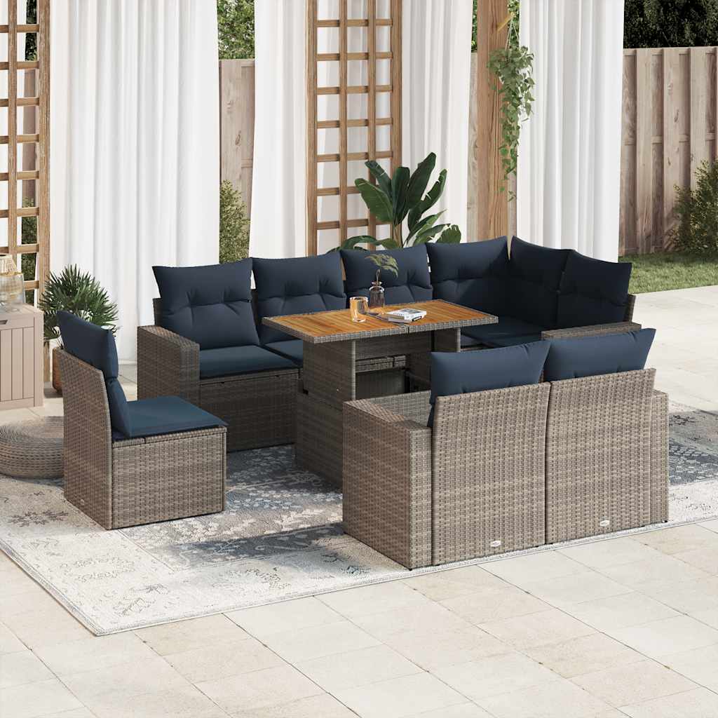 vidaXL Salon de jardin 9 pcs avec coussins Résine tressée Gris