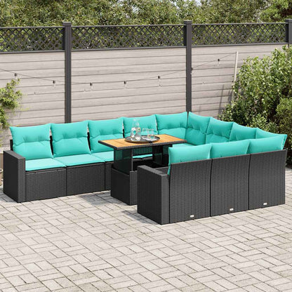 11-tlg. Garten-Sofagarnitur mit Kissen Schwarz Poly Rattan