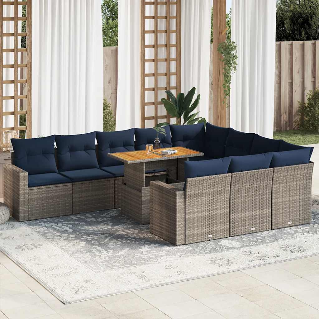11-tlg. Garten-Sofagarnitur mit Kissen Grau Poly Rattan