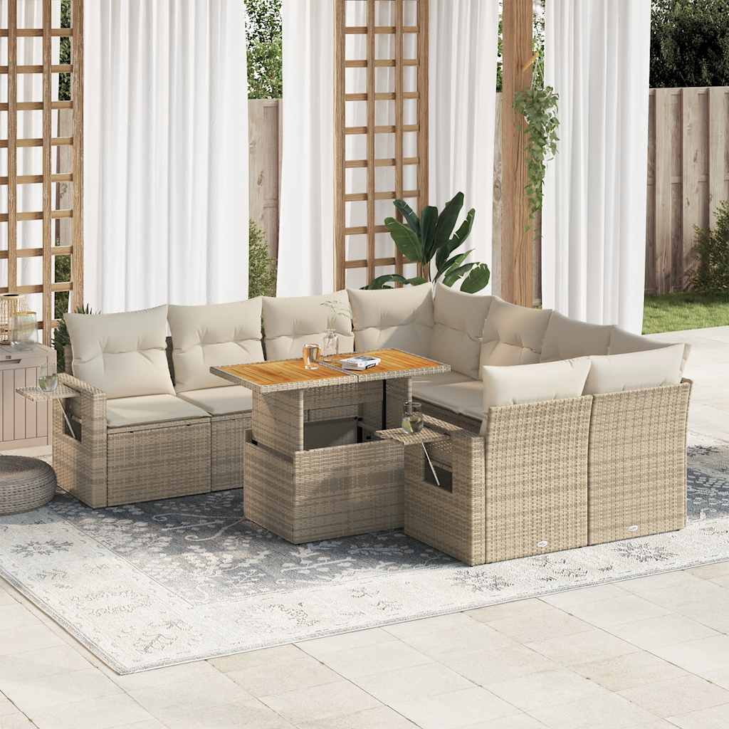 9-tlg. Garten-Sofagarnitur mit Kissen Beige Poly Rattan