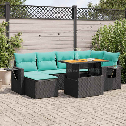 7-tlg. Garten-Sofagarnitur mit Kissen Schwarz Poly Rattan