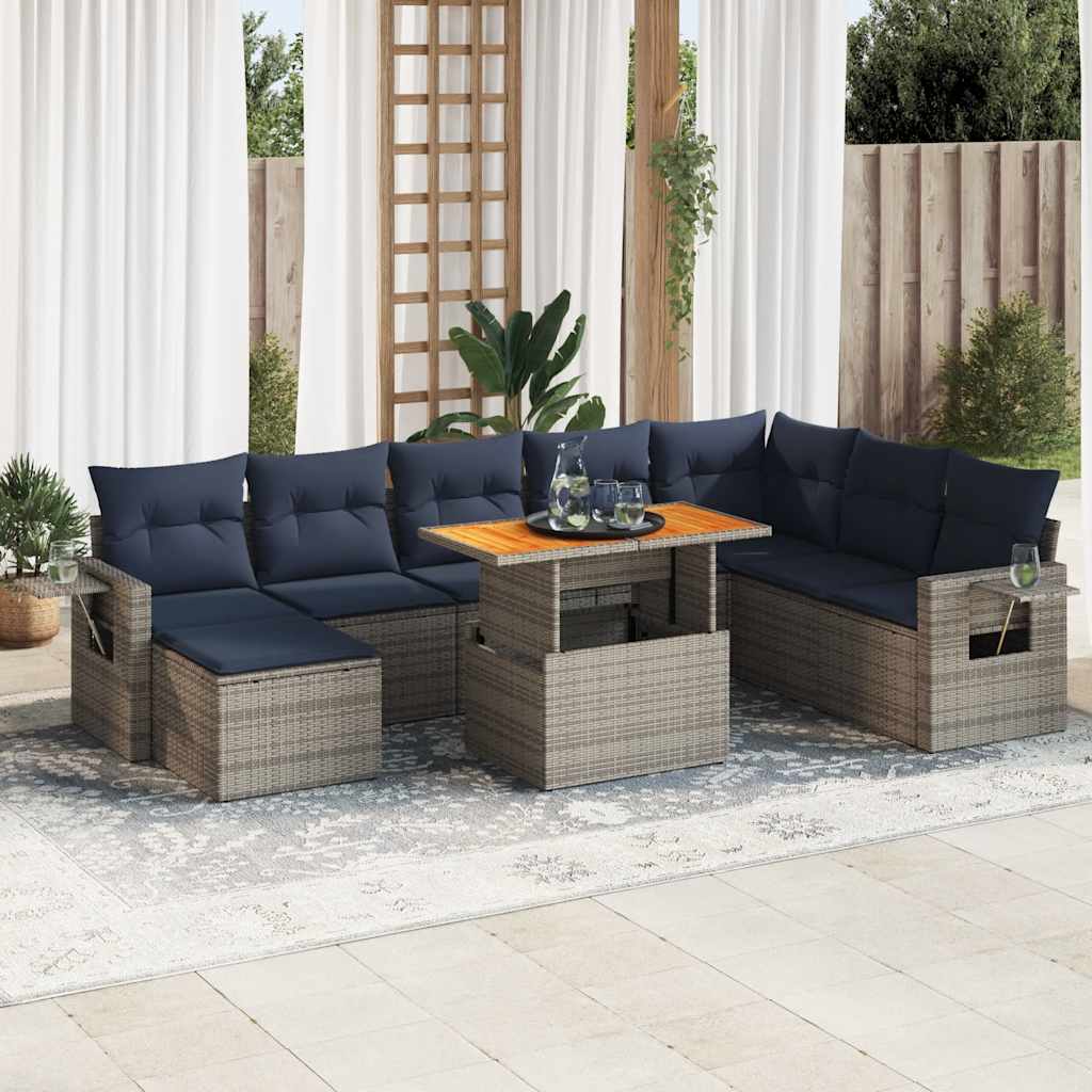 vidaXL Salon de jardin 9 pcs avec coussins Résine tressée Gris