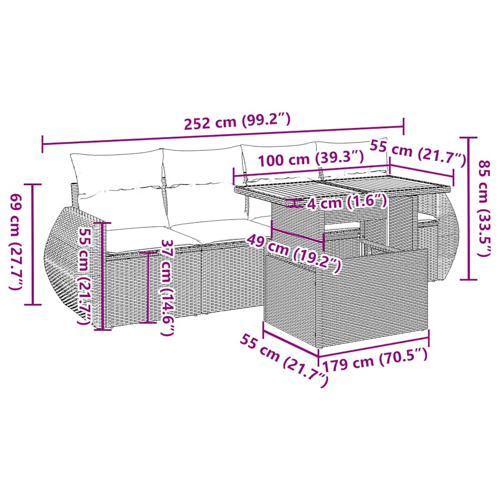 vidaXL 5-tlg. Garten-Sofagarnitur mit Kissen Schwarz Poly Rattan