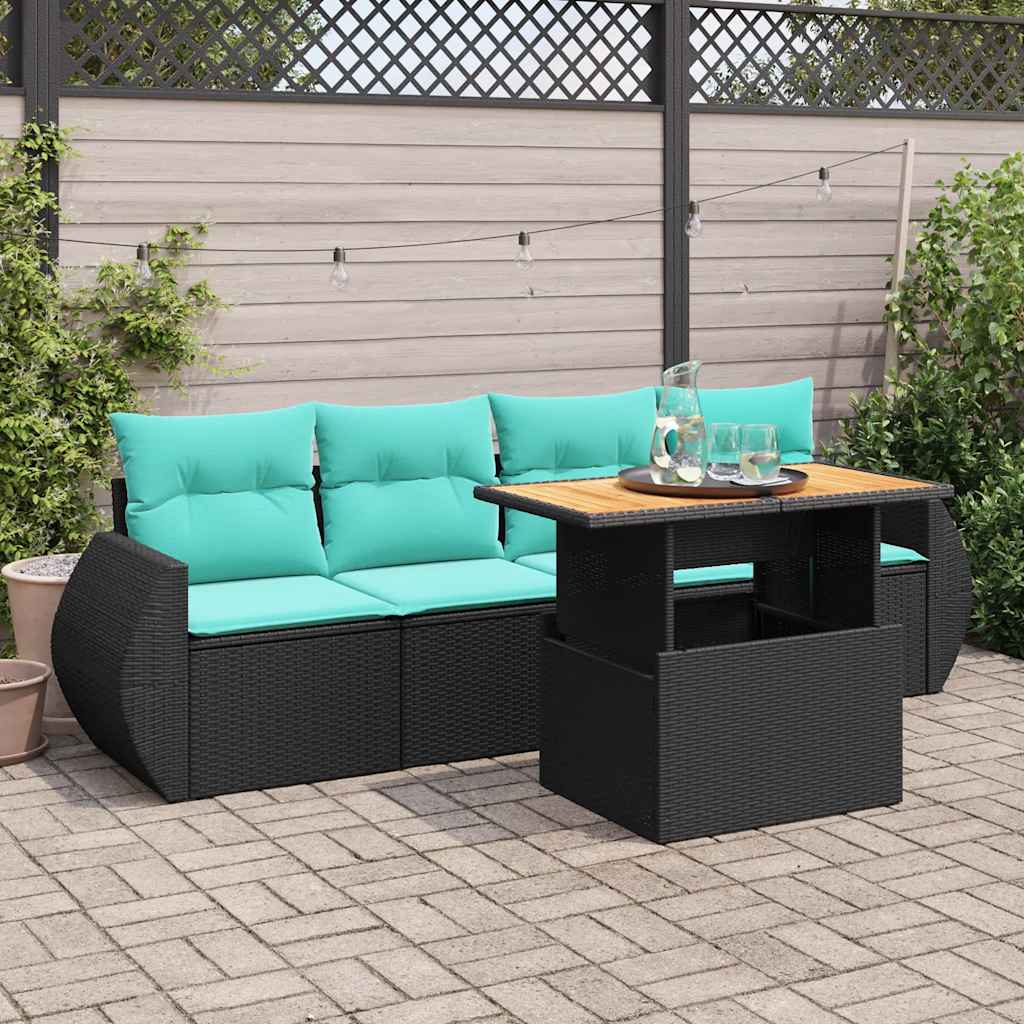 vidaXL 5-tlg. Garten-Sofagarnitur mit Kissen Schwarz Poly Rattan