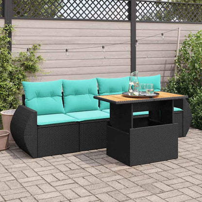vidaXL 5-tlg. Garten-Sofagarnitur mit Kissen Schwarz Poly Rattan
