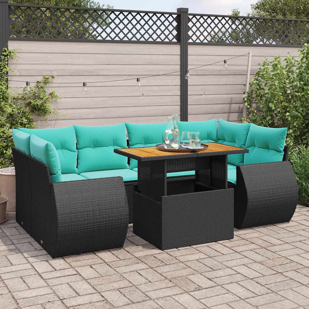 vidaXL 7-tlg. Garten-Sofagarnitur mit Kissen Schwarz Poly Rattan