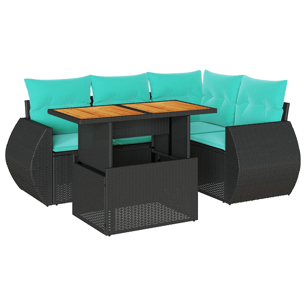 vidaXL 5-tlg. Garten-Sofagarnitur mit Kissen Schwarz Poly Rattan