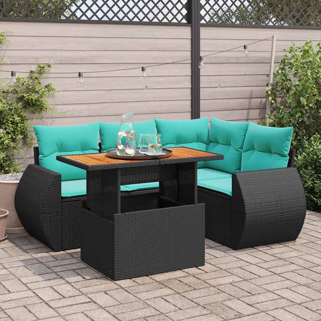 vidaXL 5-tlg. Garten-Sofagarnitur mit Kissen Schwarz Poly Rattan
