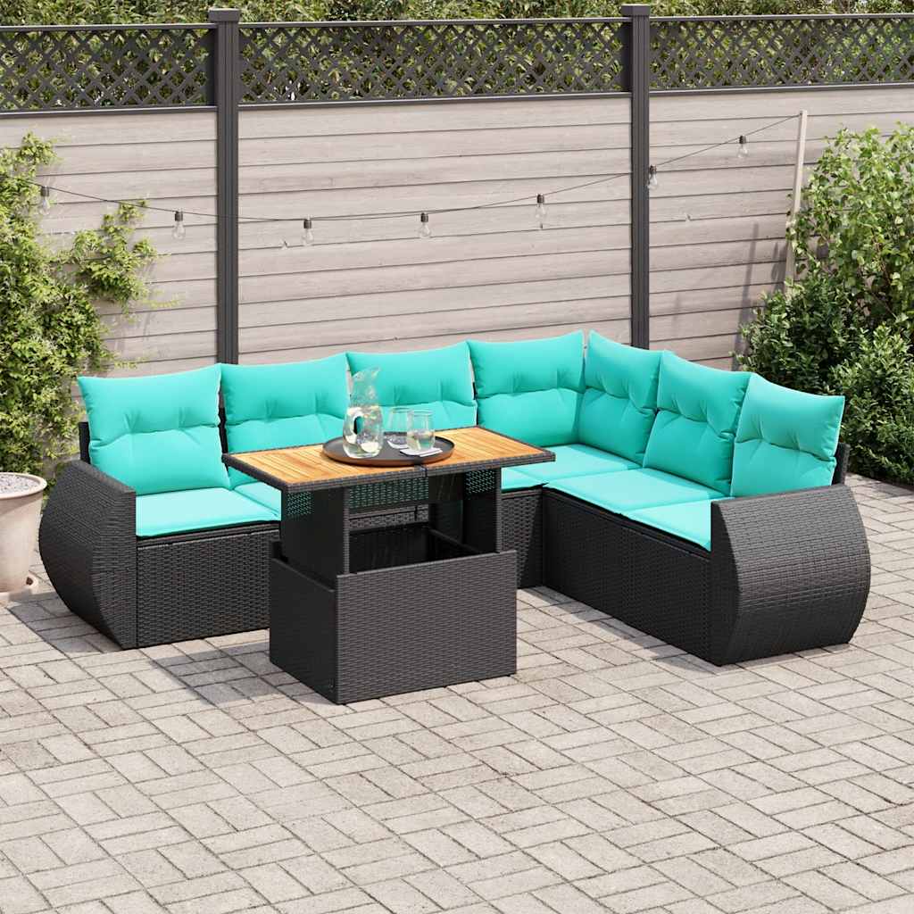 7-tlg. Garten-Sofagarnitur mit Kissen Schwarz Poly Rattan