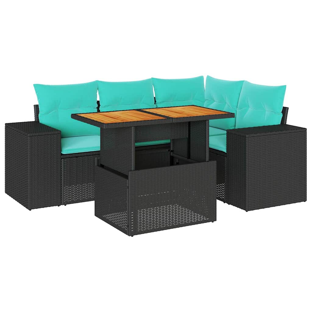 vidaXL 5-tlg. Garten-Sofagarnitur mit Kissen Schwarz Poly Rattan