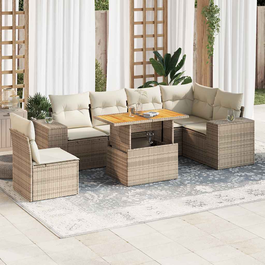 7-tlg. Garten-Sofagarnitur mit Kissen Beige Poly Rattan