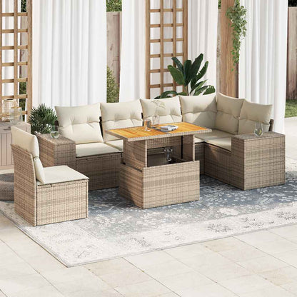 7-tlg. Garten-Sofagarnitur mit Kissen Beige Poly Rattan