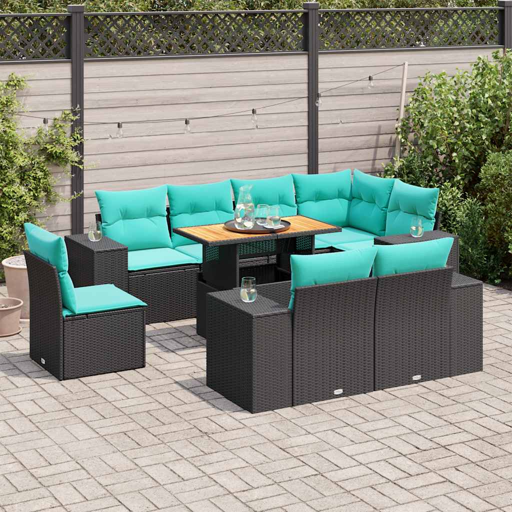 9-tlg. Garten-Sofagarnitur mit Kissen Schwarz Poly Rattan