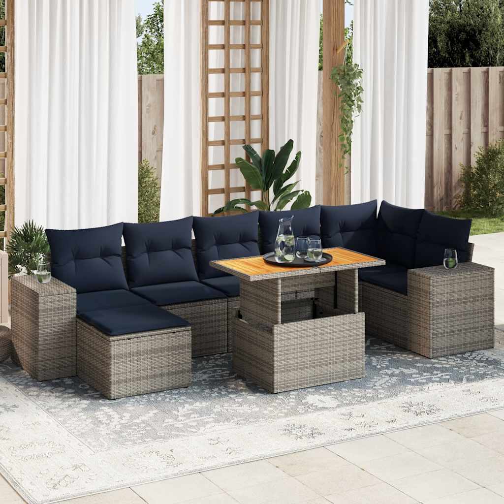 8-tlg. Garten-Sofagarnitur mit Kissen Grau Poly Rattan