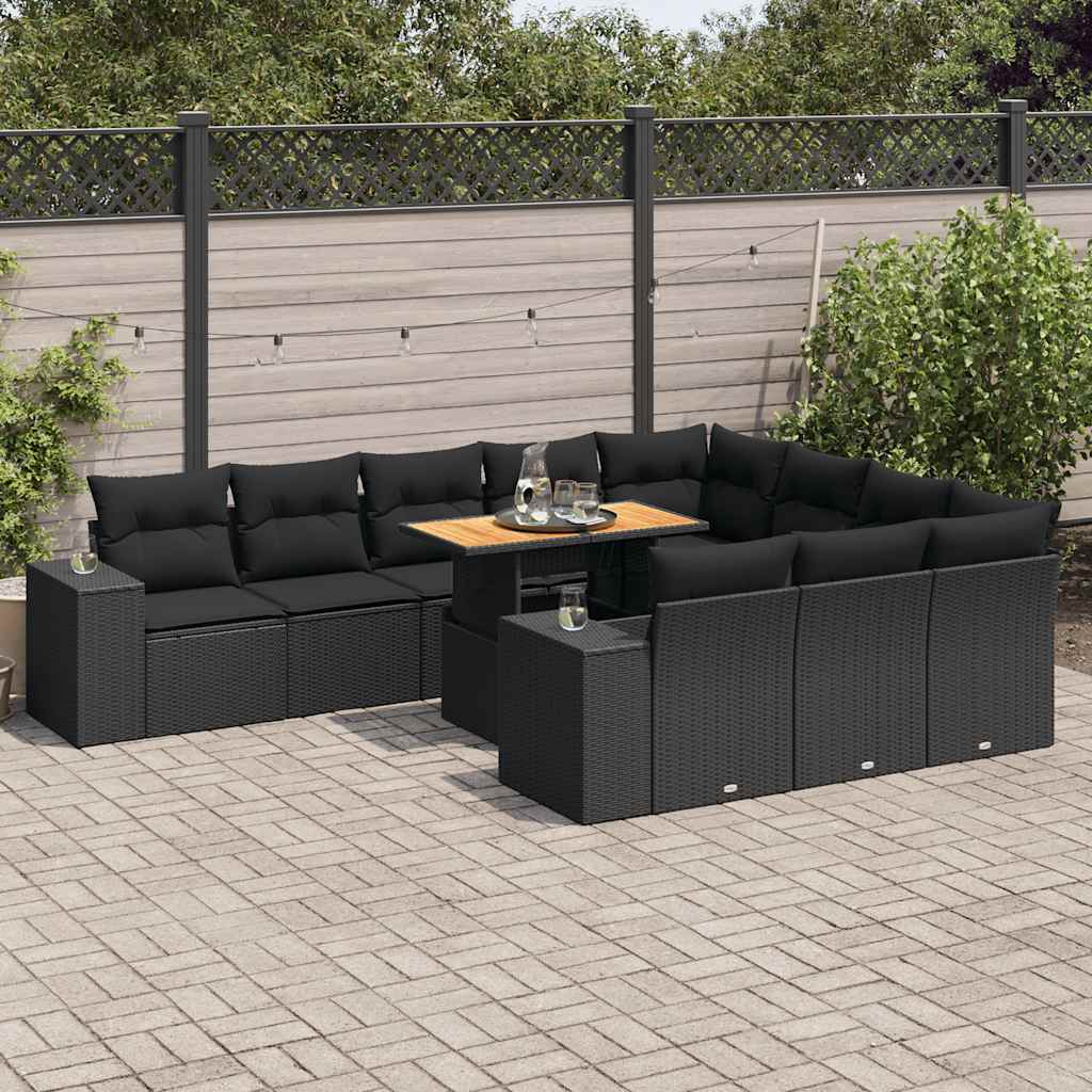 10-tlg. Garten-Sofagarnitur mit Kissen Schwarz Poly Rattan