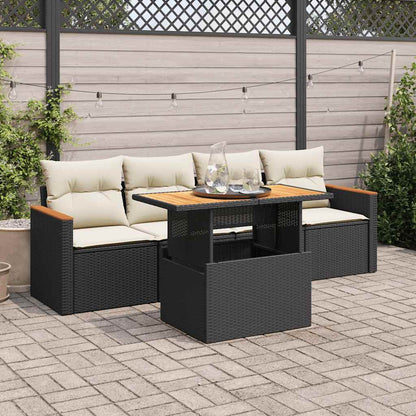 5tlg. Garten-Sofagarnitur mit Kissen Schwarz Poly Rattan Akazie